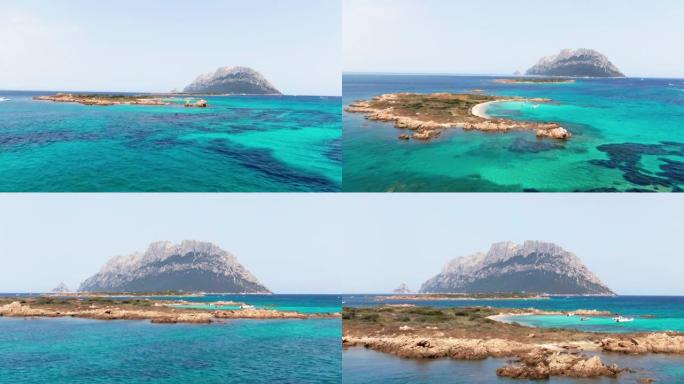 意大利撒丁岛的蓝水和一个小岛的鸟瞰图。伊索拉·塔沃拉拉岛。