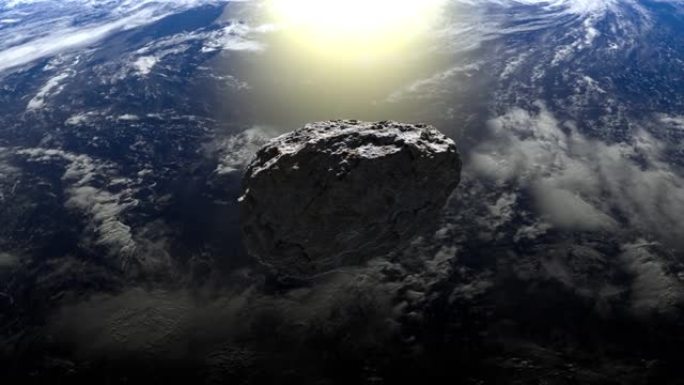 小行星飞越地球并缓慢自转。4K. 3d渲染。NASA。