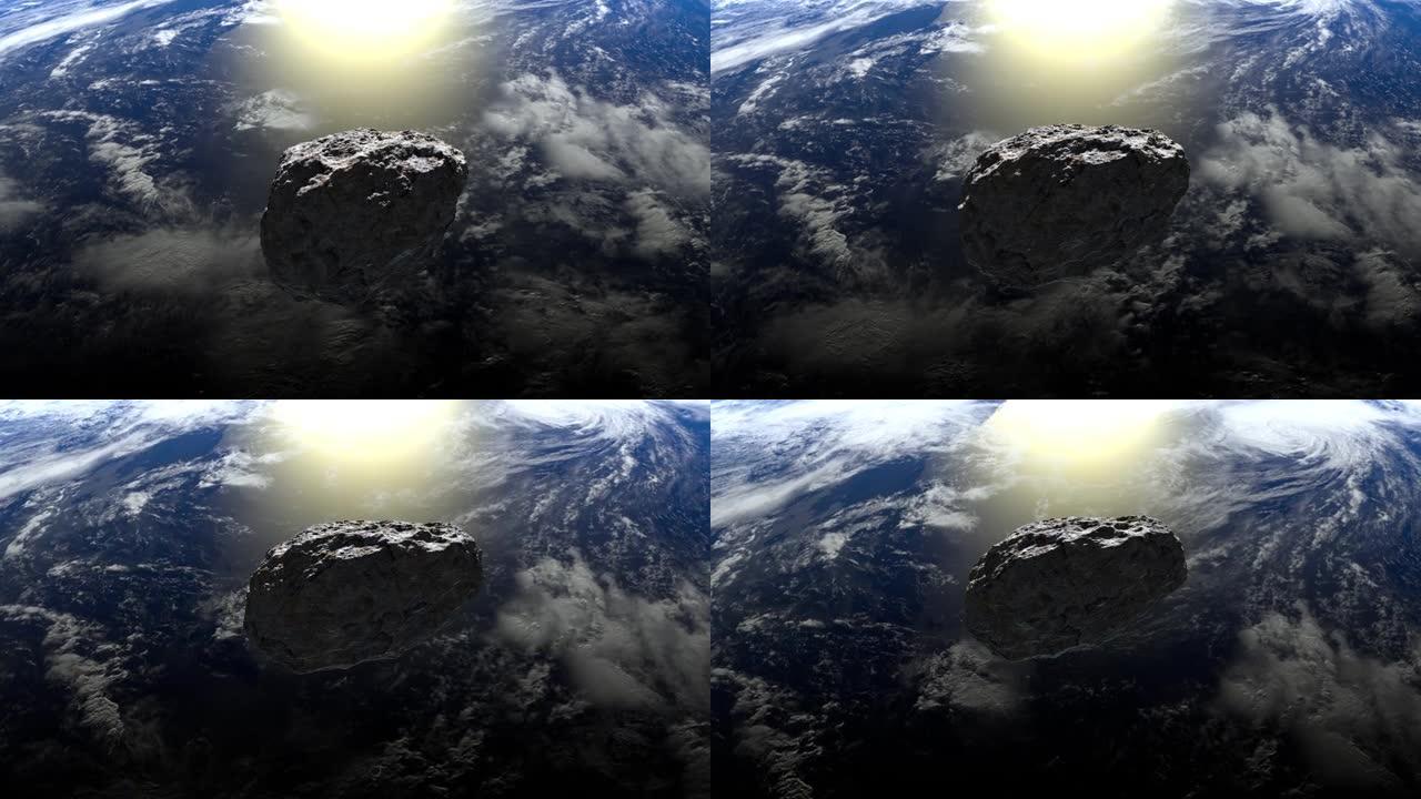 小行星飞越地球并缓慢自转。4K. 3d渲染。NASA。