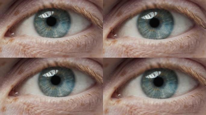 眼睛人类开放与美丽的蓝色虹膜微距拍摄。明亮的美丽女性睁开眼睛，瞳孔放大。极端特写女孩清晰地看着相机。