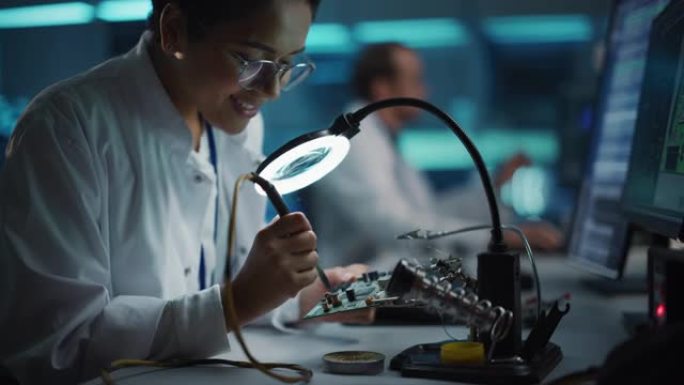 现代电子研发设施: 漂亮的黑人女工程师做电脑主板焊接。科学家设计工业PCB、硅微芯片、半导体