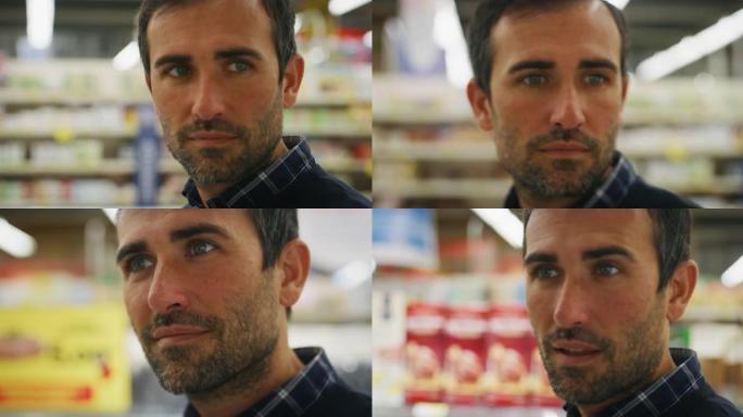 快乐年轻人的真实特写镜头在超市购物时选择食品。