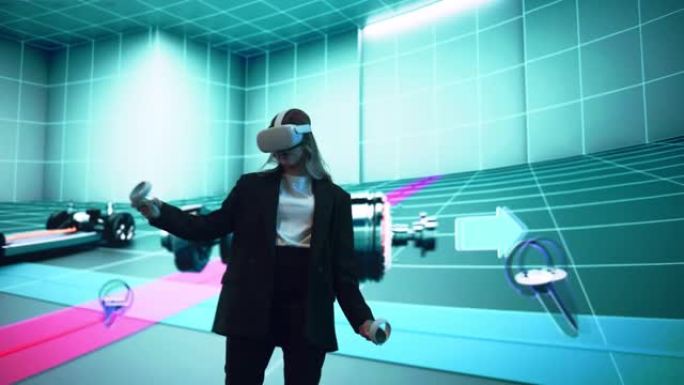 汽车工程师使用VR软件在交互式环境中展示电动机和车辆平台。她的项目使用虚拟现实耳机和控制器的女工程师