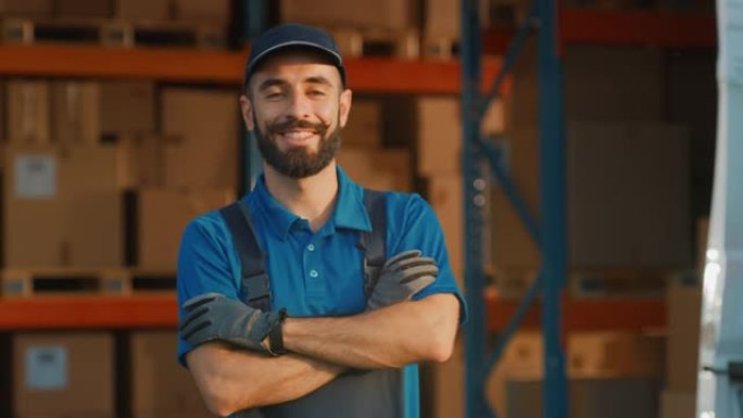 英俊的拉丁男性工人的肖像交叉双臂站在仓库外面微笑着，看着相机。专业人士工作，交付电子商务在线订单。中