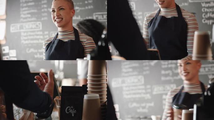 快乐咖啡师服务顾客使用智能手表支付在咖啡馆消费咖啡