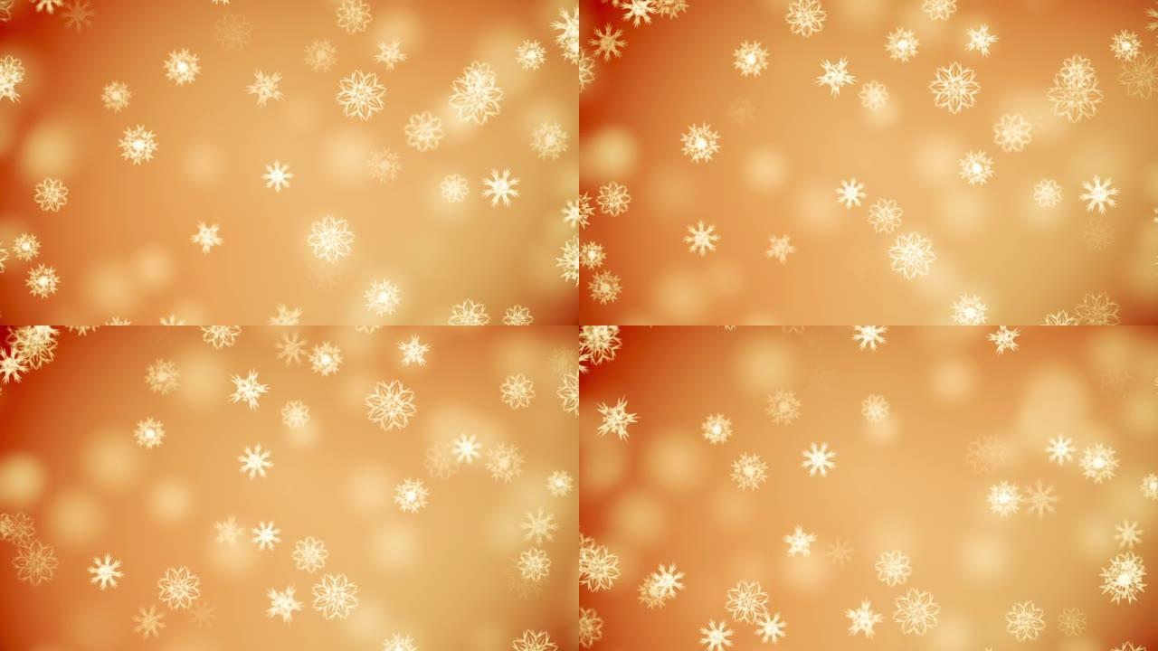 软背景动画 (可循环)。抽象的模糊圆圈，美丽的bokeh和雪花运动设计。名人，新年快乐，活动，情人节