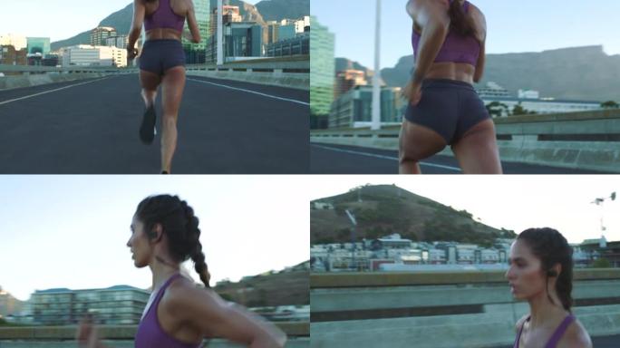 女子健身赛跑者，夜间和城市街头锻炼，进行有氧健身比赛或跑步比赛。城市距离马拉松比赛的动机，目标和运动