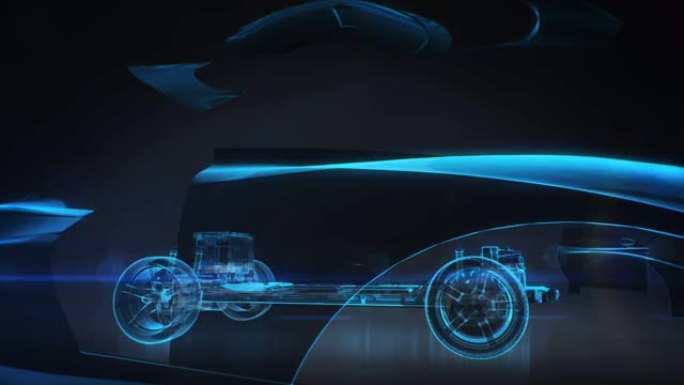 拆卸未来的混合动力汽车，混合动力发动机，电池传动系统曲轴。连接物联网。4k电影。蓝色版本。