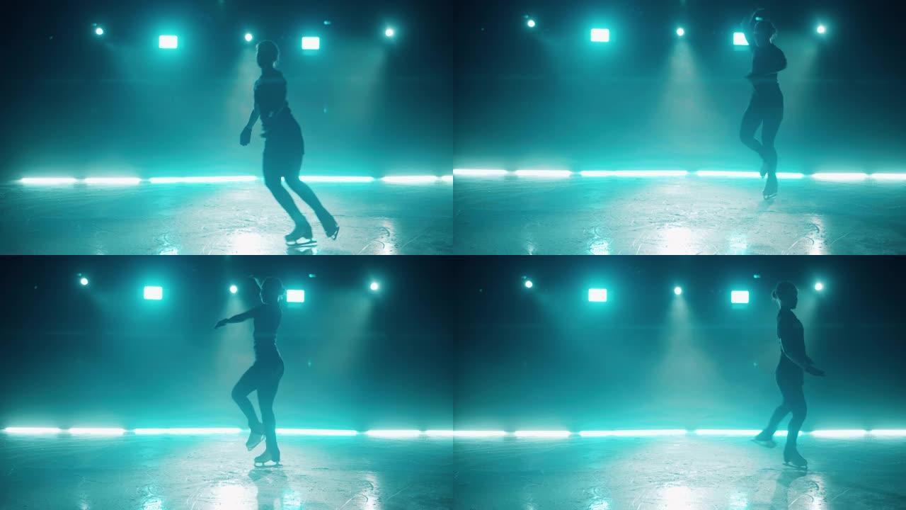 一个女孩在溜冰场上滑冰时正在旋转