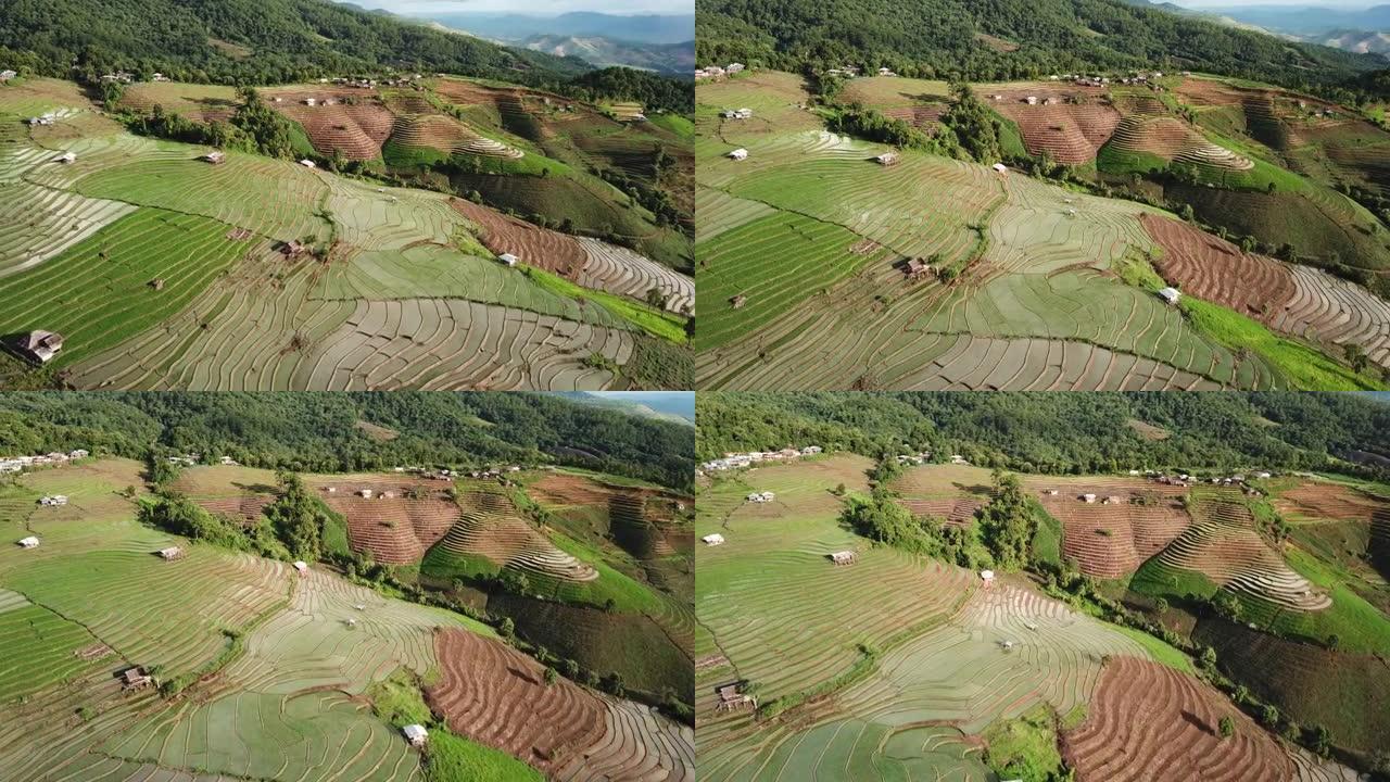 山上稻田的鸟瞰图顶视农田山村航拍大景