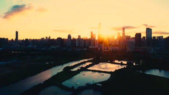 日落时深圳香港边境的无人机视图