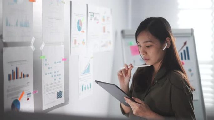 亚洲女商人在办公室的数字平板电脑上分析商业项目，在办公室的墙上用笔记集思广益