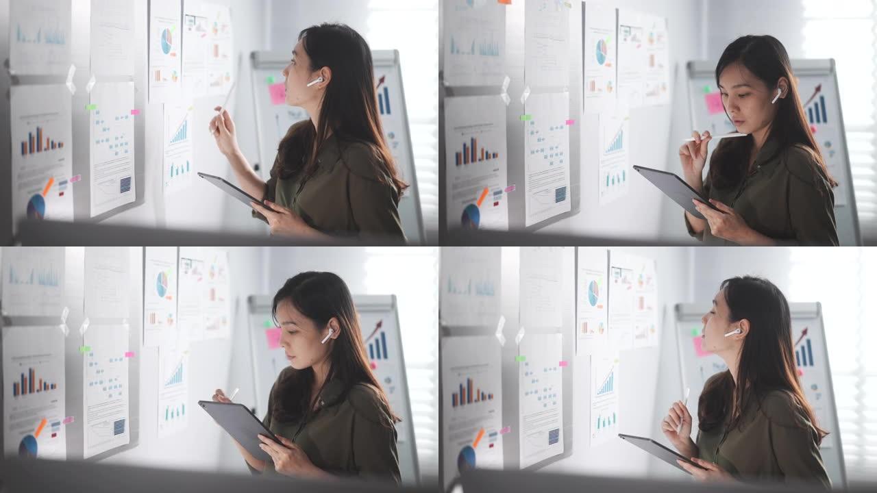 亚洲女商人在办公室的数字平板电脑上分析商业项目，在办公室的墙上用笔记集思广益