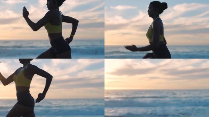 快速、健康和活跃的女人在海洋和海滩上奔跑，日落天空背景和复制空间。运动女运动员锻炼的特写镜头，户外耐