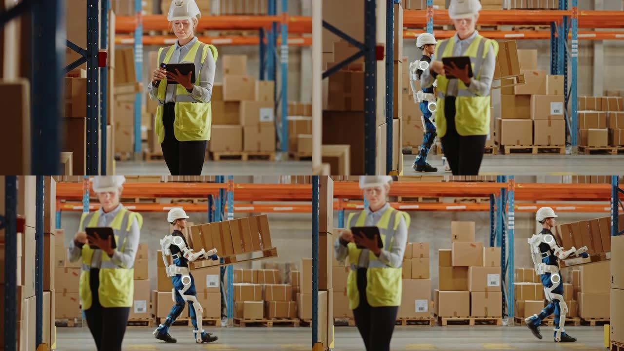 高科技未来派仓库: 经理扫描包裹的库存，在后台交付工人穿着先进的全身动力外骨骼，用装满纸箱的沉重托盘