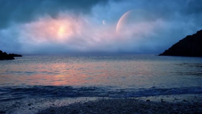 日出时的幻想海洋景观，有两个月亮