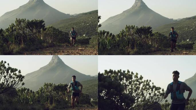 4k视频片段，一名男子在山路上奔跑