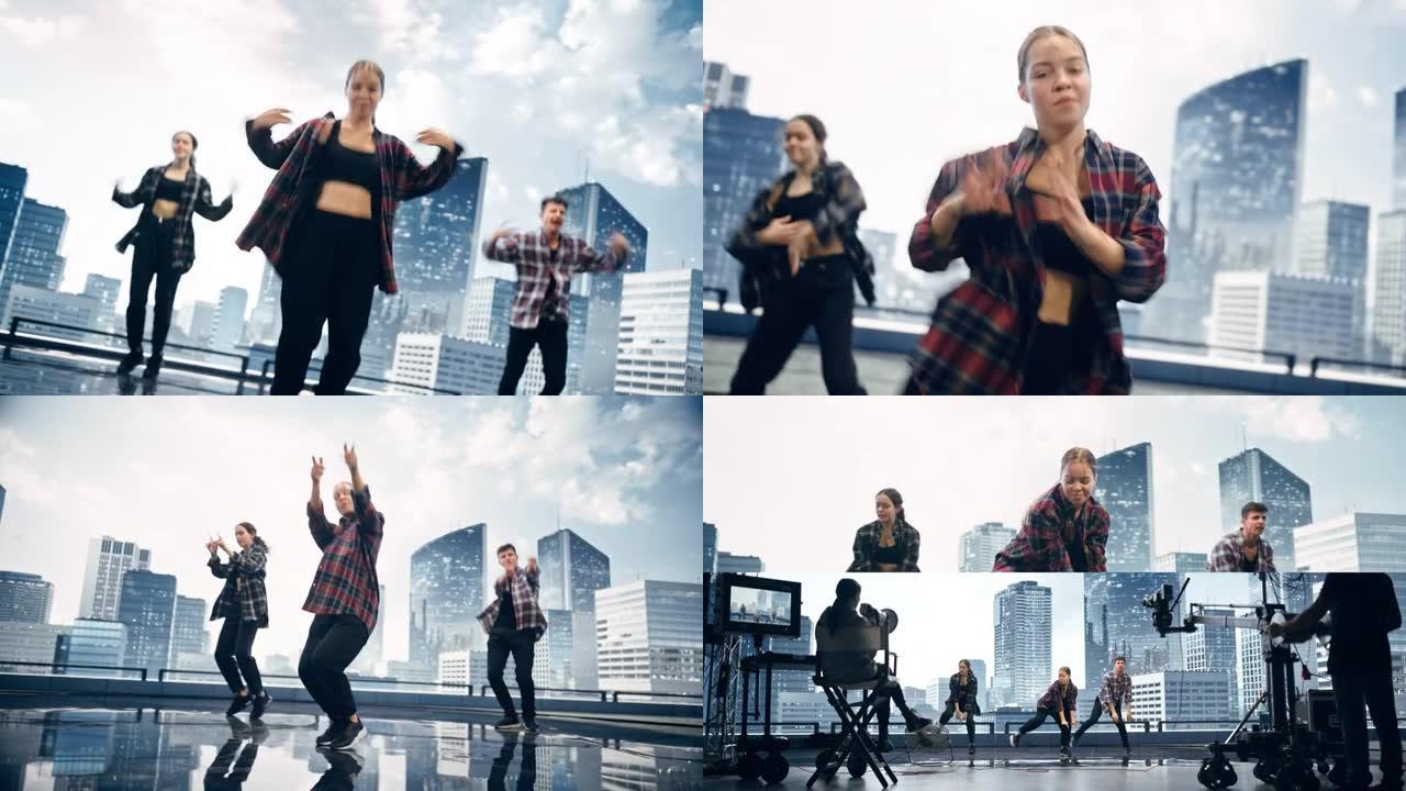 音乐视频剪辑蒙太奇，三位年轻的专业舞者在工作室表演嘻哈舞蹈。时尚的现代序列过渡与分屏和其他视觉效果。