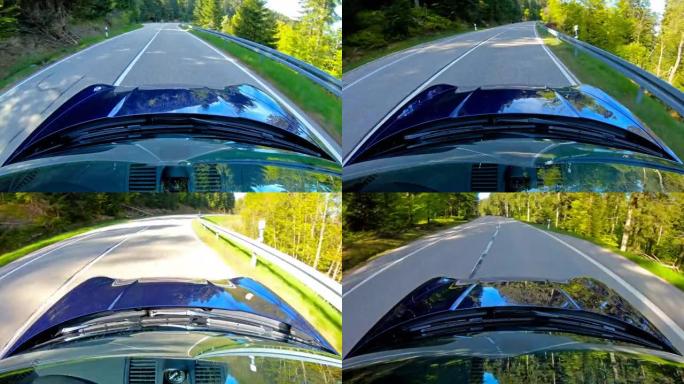 放松风景的汽车驾驶，汽车发动机罩/发动机罩和挡风玻璃的视图