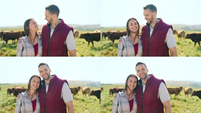 肖像，爱情和幸福的夫妻在一个养牛场上拥抱，结合并享受大自然户外的美好时光。微笑，放松和女人在田间与农