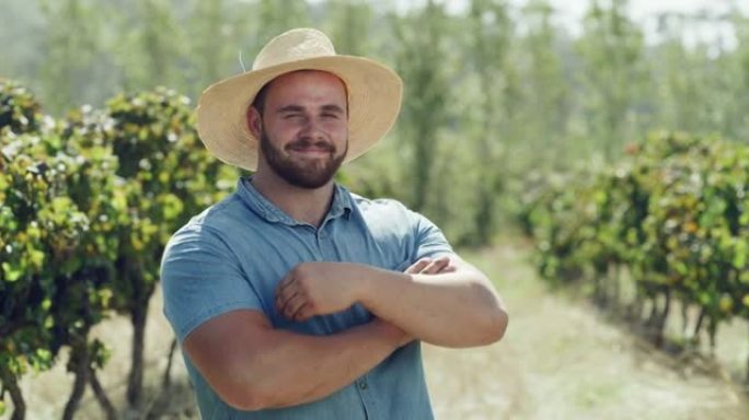 4k视频片段，一个年轻的男性农民自豪地站在他的葡萄园中
