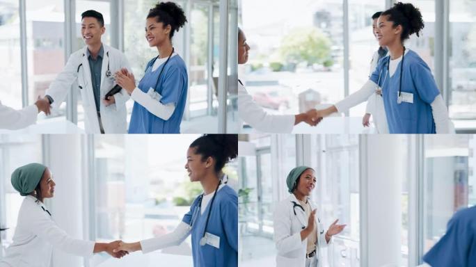 医生握手，欢迎和医院团队为新同事鼓掌，入职和友善。黑人妇女，亚洲男子和穆斯林医生在诊所，握手和医疗保