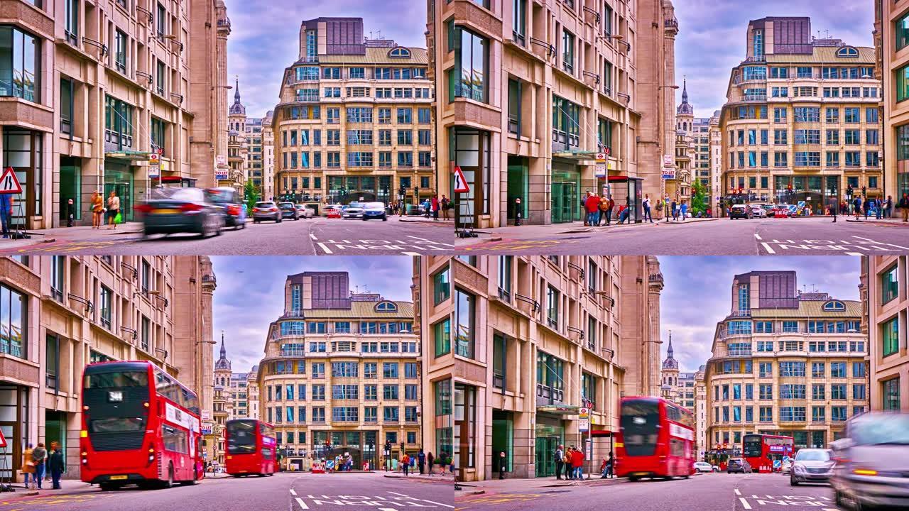 红色巴士。伦敦市中心。复古建筑