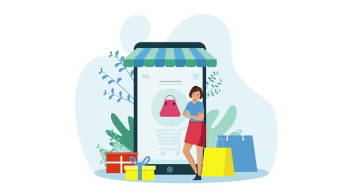 网上购物概念。站在商店前面的微小女性角色。平板电脑大屏幕上有一件衣服。数字购买，使用互联网商店购买服