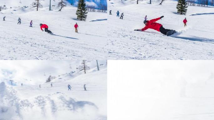 滑雪者在滑雪场上转弯，留下了一团粉雪
