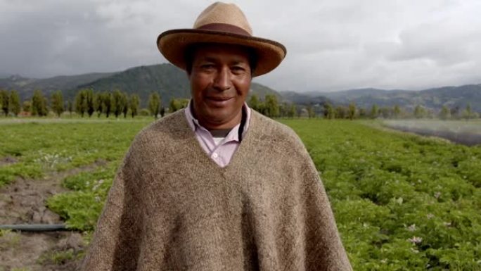 拉丁美洲的男性农民戴着典型的ruana和帽子，在农田里非常高兴地对着相机