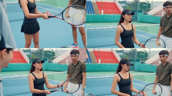 一群年轻朋友练习网球作为一种锻炼。