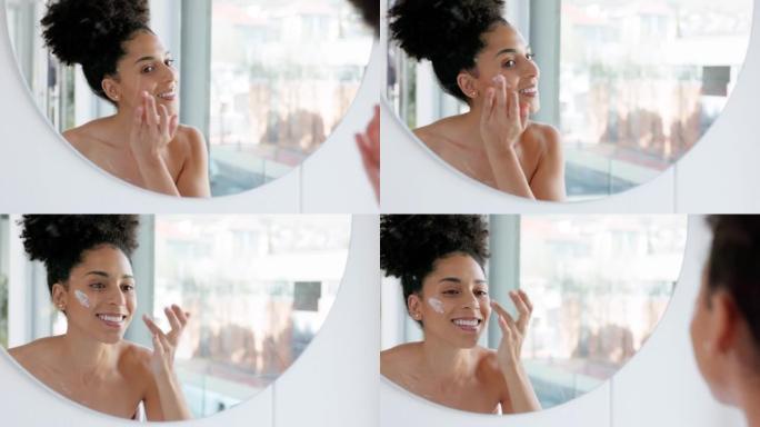 护肤品，面霜和镜子中的黑人妇女在她的公寓浴室中进行防晒霜，面部和化妆品清洁。快乐自我护理女孩面部反射