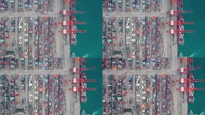 带集装箱船的繁忙工业港口的T/L PAN俯视图
