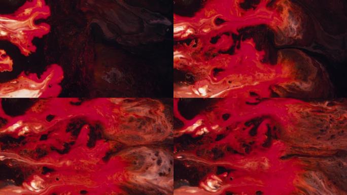 液体红色油漆混合背景与飞溅和漩涡红色抽象背景