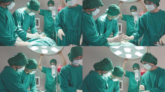 一组亚洲医生，护士和工作人员在外科医生手中拿着医疗器械，看着病人和手术。团队合作、医疗保健和医疗保险