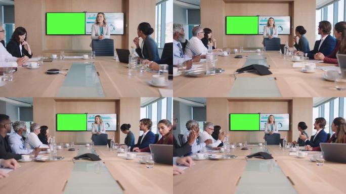 商业女性团队负责人在绿屏电视共享项目上展示财务数据，与股东简报同事在办公室会议室演示中讨论想法