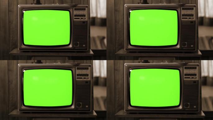 老式电视机绿色背景，噪音和静电。放大。棕褐色色调。4K。