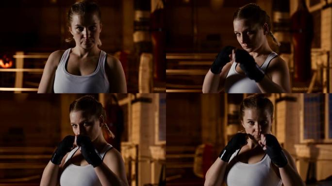 慢动作聚焦女拳击手在镜头前摆出格斗姿势