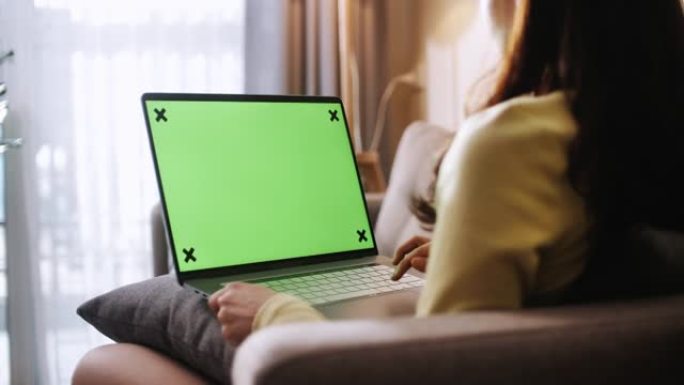女人在家工作时看着绿屏笔记本电脑