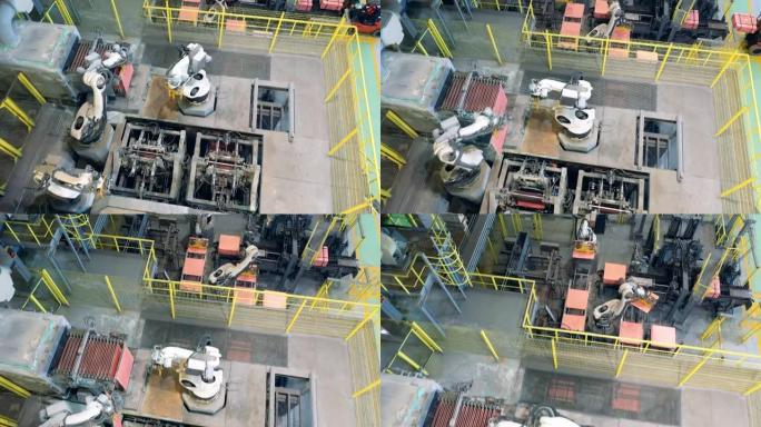 用铜板工作的现代机器人机器的俯视图