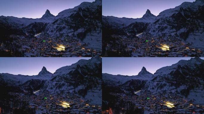 Zermatt city village view point和瑞士黎明的标志性马特洪峰。