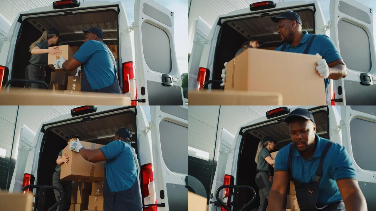物流仓库两个快乐的多样化的工人交谈，笑话使用手动托盘车开始用纸箱装载送货卡车，在线订购，购买，电子商