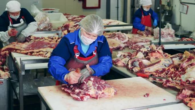 食品厂、鲜肉加工厂。屠宰场员工正在切割生肉