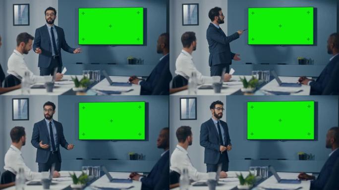 办公室会议室会议演示: 英俊的商人谈话，使用绿屏色键墙电视。成功向多民族投资者群体展示电子商务产品