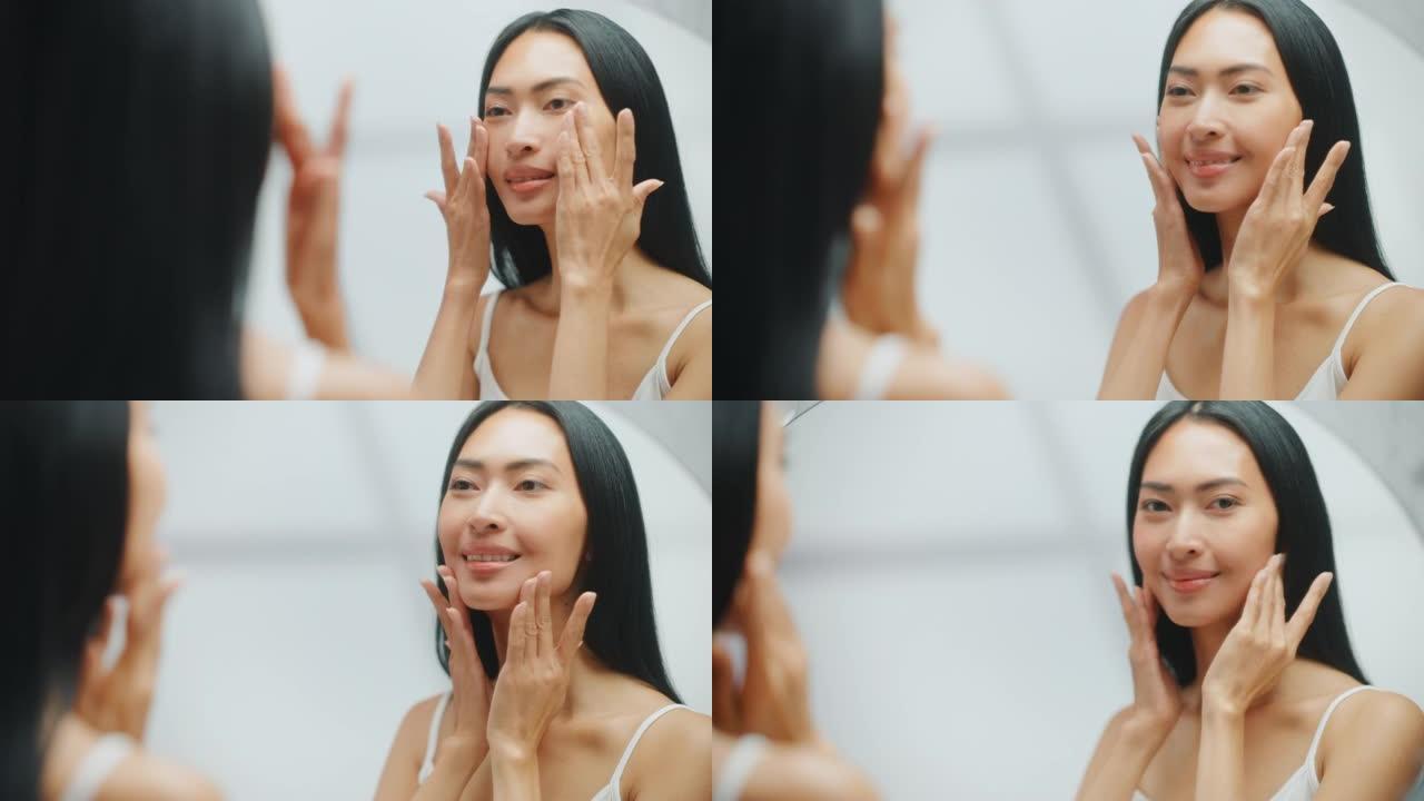 美丽的亚洲女人的肖像轻轻地涂面霜看着浴室的镜子。年轻的成年女性用天然化妆品护肤品让她的皮肤柔软、光滑
