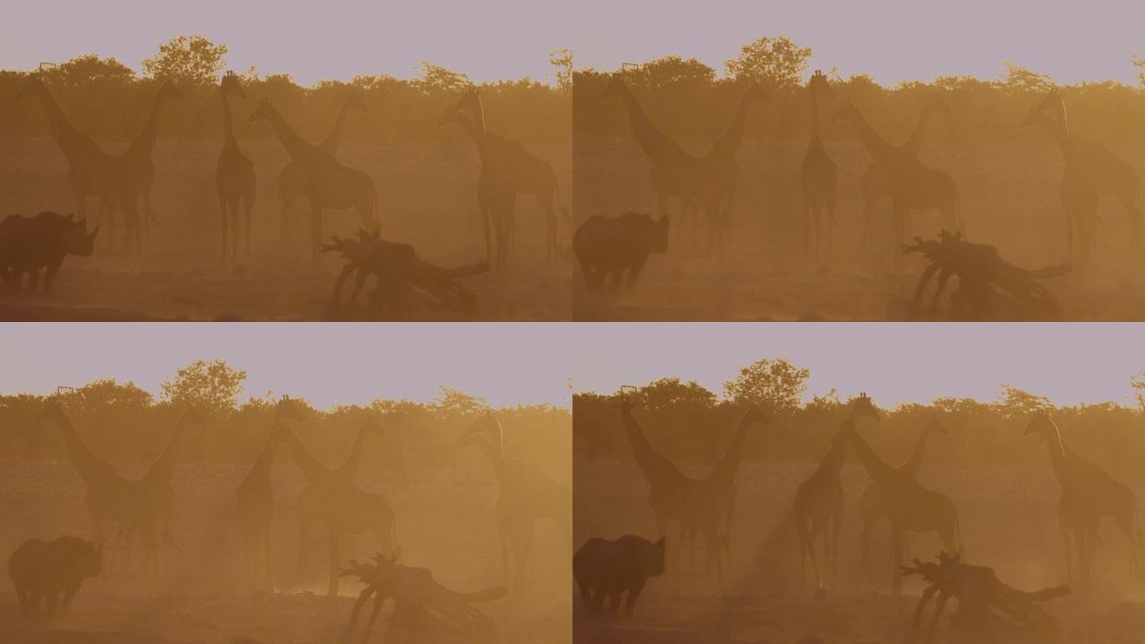 纳米比亚埃托沙国家公园日落时站在水坑上的一小群长颈鹿和一只黑犀牛的背光视图