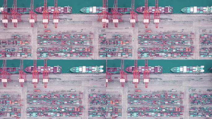 带集装箱船的繁忙工业港口的T/L盘视图