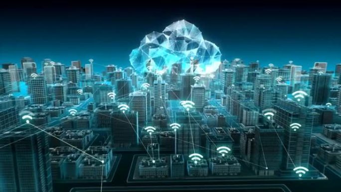 智能城市上的无线智能传感器图标，连接云计算图标。蓝色x射线鸟瞰图。4k动画。