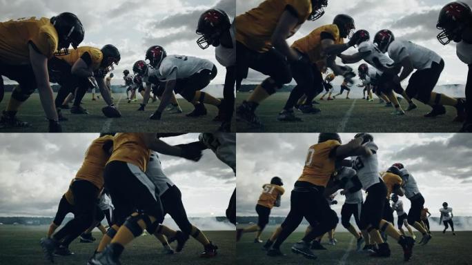 两支职业美式足球队在比赛开始时发生冲突。防守和进攻残酷地争夺球，渴望得分和进球并获胜。戏剧性的慢动作