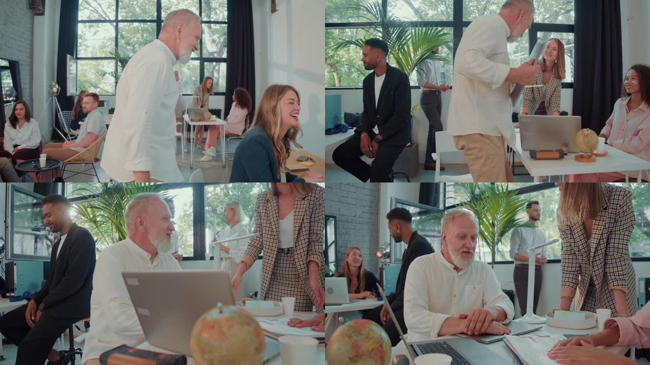 中年白人男性老板，首席执行官进入大办公室见面，与企业员工使用笔记本电脑慢动作。